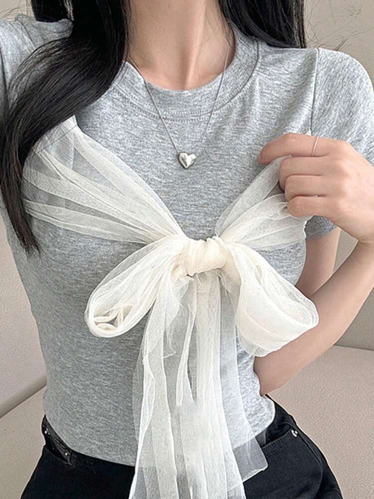 Women's Round Neck Fitted Cropped Contrast Mesh Bowknot Short Sleeve T-Shirt, Spring/Summer