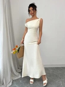 Chiquease Women's French Style One-Shoulder Fishtail Dress, For Spring/Summer Holiday - Apricot - View 4