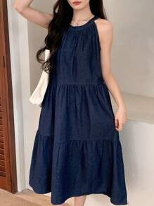 DAZY Women's Casual Washed Halter Neck Denim Dress Summer - Blue - View 3