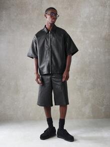 SUMWON Luxurious Quilted Diamond Pattern Zip-Up Oversized Shirt Jacket Modern Urban Designer Fall Winter Statement Piece Contemporary Stylish Outerwear Fashion Forward - Black - View 4