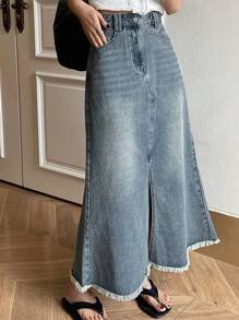 DAZY 西部风格牛仔女裙，毛边裙摆，开衩设计 - 中等水洗藍 - 查看 1