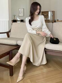 DAZY 女士撞色铆钉中长款中长连衣裙，秋季连衣裙长袖连衣裙