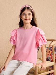 Girls' Pink Round Neck Ruffle Sleeve Blouse - Pink - View 1