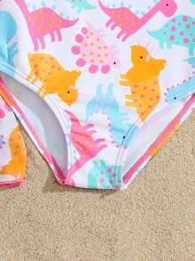 女婴卡通恐龙无袖连体泳衣带和服罩衫，海滩度假套装 - 彩色 - 查看 5
