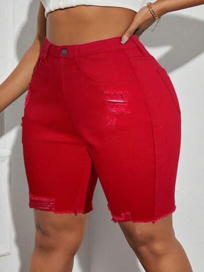 Slaydiva Plus Size Distressed Versatile Denim Shorts Autumn For Women Red Shorts Short For Women Autumn For Women Festival Red Casual Biker Shorts