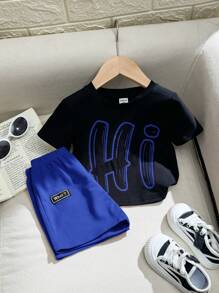 SHEIN Leap Crew 2 件男婴套装：字母印花圆领落肩套头衫 + 休闲短裤 - 藍色 - 查看 3