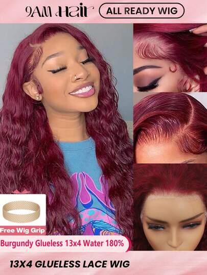 ALL READY WIG 180% Density Glueless Burgundy Water Wave Lace Front Wigs Human Hair 99J Burgundy Wigs Human Hair Water Wave Wigs Pre Plucked With Baby Hair 13x4 Red Deep Wave Wig Human Hair For Women Halloween Costumes