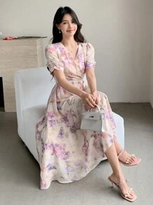 DAZY Women Ditsy Floral Chiffon Midi Dress, Spring/Summer Sundress Vacation Outfits Women Easter - Pink - View 3