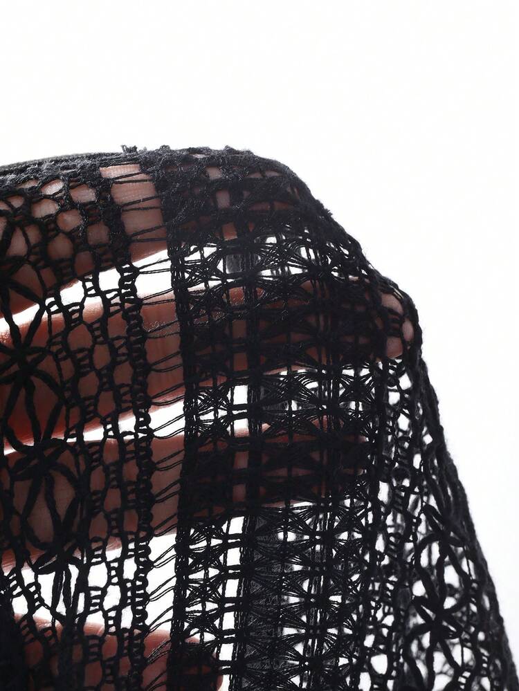 Women's Round Neck Loose Hollow Out Semi-Sheer Knit T-Shirt