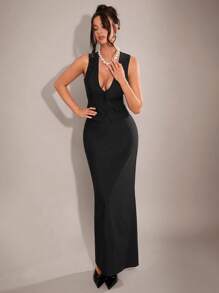SHEIN BAE Traje de blazer de mujer de color negro sólido, de escote en V sexy, sin mangas y sencillo