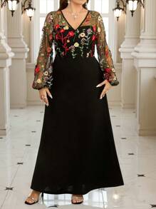 Gownix Spring Women Embroidered Mesh Patchwork Long Black Fishtail Dress, Elegant, Party And Daily Wear, Plus Size Dresses Elegant Dresses Romantic Dresses Women Summer Dresses Women Summer Dresses Elegant Women Dresses Women Spring Dresses