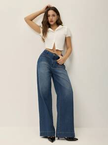 Poéselle Pantalones vaqueros rectos y holgados de mujer con bolsillos dobles, casuales y versátiles - Azul - Ver 2
