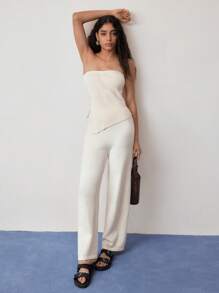 MOTF STUDIO ASYMMETRICAL HEM TUBE TOP & PANTS SWEATER SET - Beige - View 2