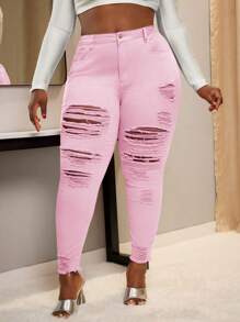 SHEIN SXY Plus Size Ripped Pink Skinny Jeans - Pink - View 3