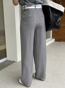 DAZY 女士休闲撞色腰带阔腿西装裤商务装 - 灰色 - 查看 2