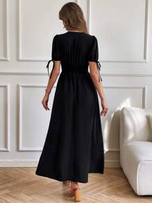 SHEIN VCAY 女士优雅深 V 领黑色连衣裙，女士夏季服装 - 黑色 - 查看 2