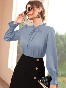 Seusyu 勃艮第红女士休闲纯色荷叶边袖衬衫，春秋 - 藍色 - 查看 3