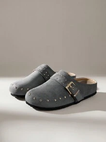 Solecia Women's Casual Flat Shoes With Adjustable Buckle Rivet Design - Grey - View 5