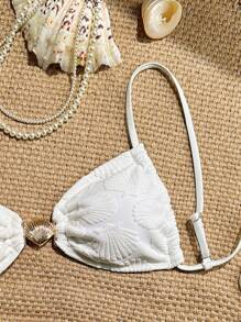 Swim Mod 2 món/Bộ đồ bơi nữ mùa hè họa tiết vỏ sò vải trắng họa tiết áo Bandeau và quần bikini khoét sâu - Màu be - Xem 4