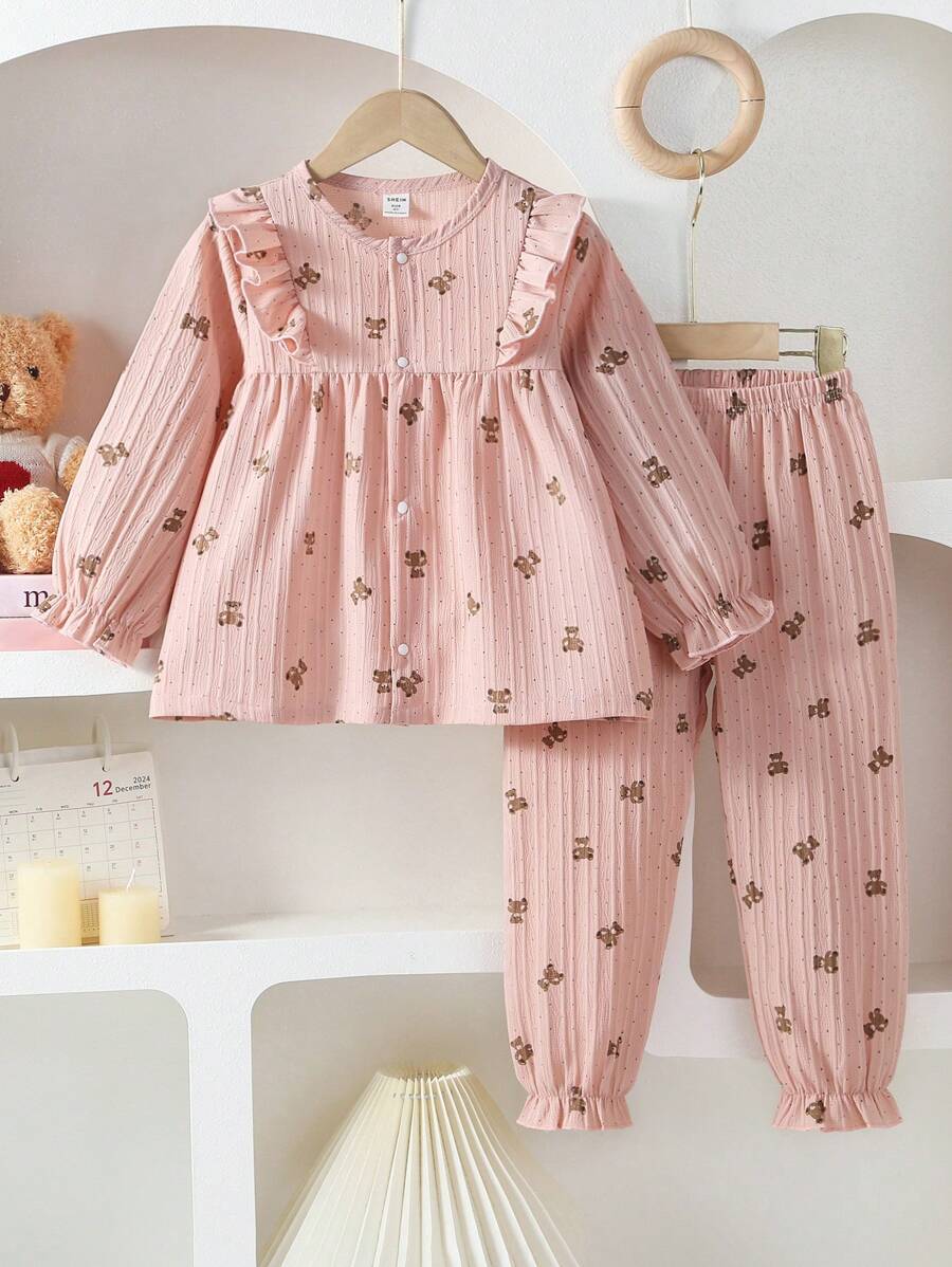 2pcs/Set Girls Casual Pink Bear Print Pattern Comfortable & Elegant Long Pants And Long Sleeve Pajamas Set - Pink - View 1