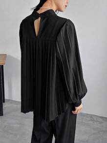 FRIFUL Women Solid Color Stand Collar Puff Sleeve Pleated Shirt & Pants 2Pcs Set Lounge Sets For Women - Black - View 7