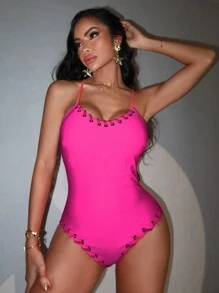 Swim SXY Baju Renang Terusan Wanita Warna Pink Terang Polos, Untuk Liburan Pantai Musim Panas - Hot Pink - View 4