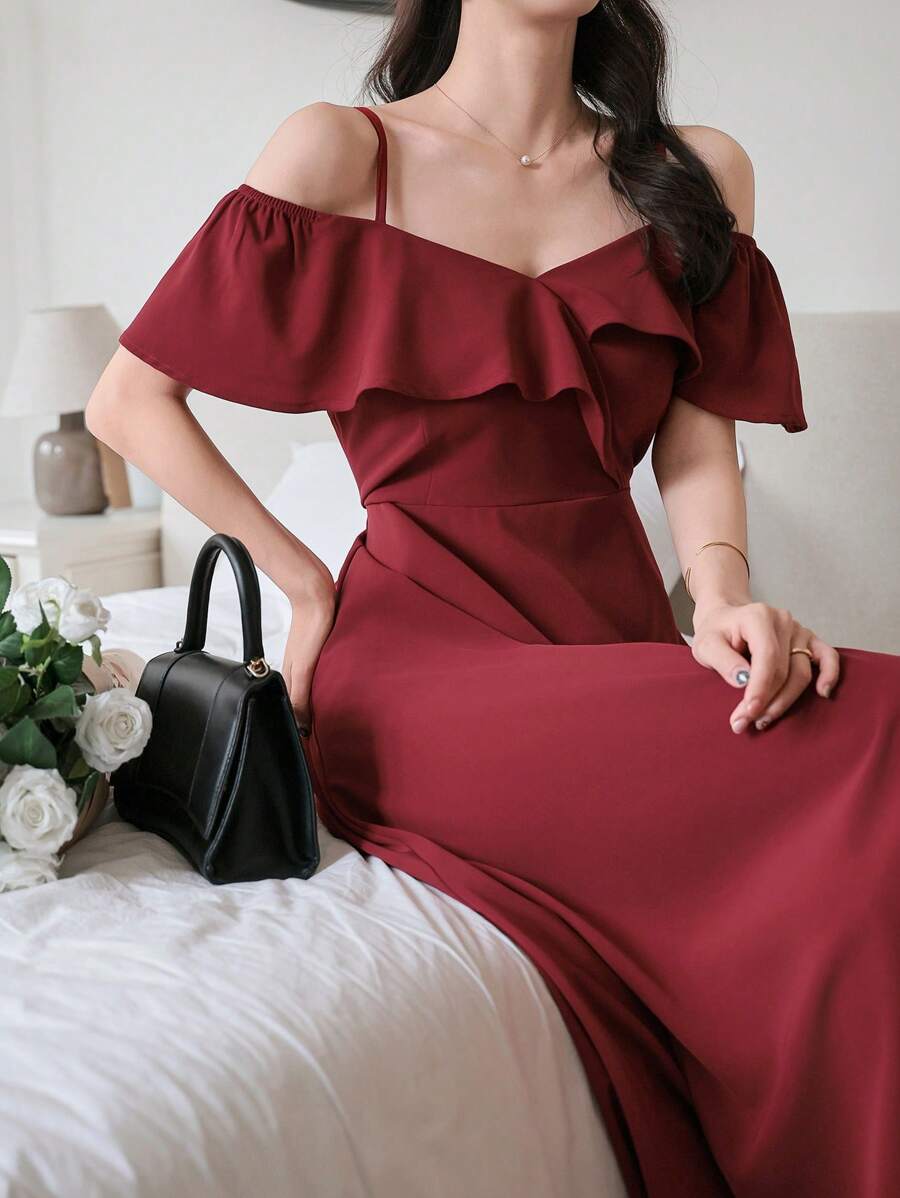 DAZY Solid Color Sleeveless Ruffle Trim Mid-Length Dress For Women Sundress Red Women Dresses - Red - View 1