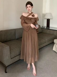 DAZY Fitted Pieced Ruffle Off Shoulder Standout Floral Decor Midi Dress For Women,Fall Dress Long Sleeve Dress