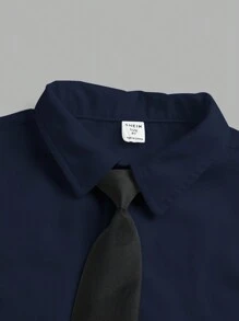 SHEIN Leap Crew Tween Boy Casual Comfort Stand Collar Solid Woven Shirt (With Necktie) - Navy Blue - View 4