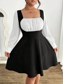 SHEIN Clasi Plus Size Women's 2 In 1 Style Color Block Dress - Black and White - View 6