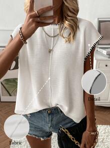 EMERY ROSE Women Color Block Neck & Cuff Crew Neck Knit Cardigan Vest - White - View 1