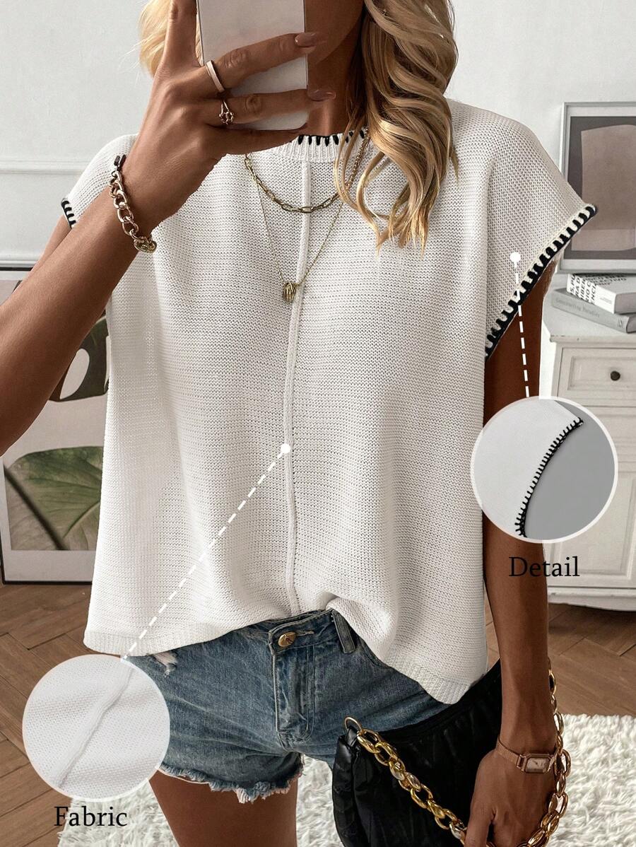 EMERY ROSE Women Color Block Neck & Cuff Crew Neck Knit Cardigan Vest - White - View 1