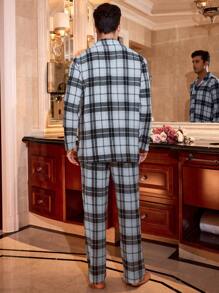 Plaid Print Open Collar Loose Long Sleeve Men Pajama Set' - Blue - View 2