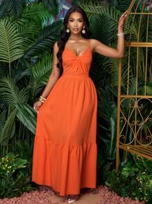 SOLERSUN Women's Romantic Orange Beach Vacation V-Neck Pleated Backless A-Line Cami Long Dress For Spring Summer Hawaii - Burnt Orange - View 4