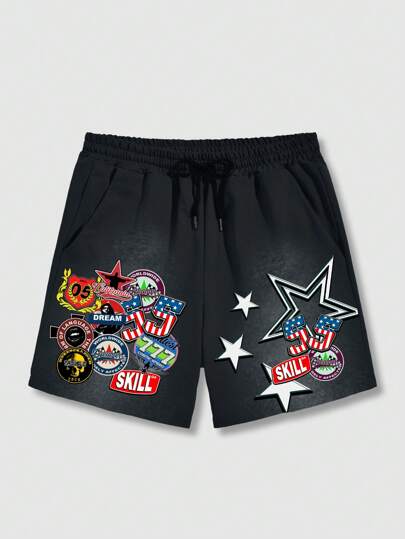 Street Life Pantaloncini da uomo con vita con cordino e stampa con emblema stella