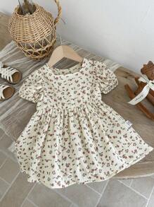 Souflis Souflis Baby Girl Girl 0-3 Years Old Casual Holiday Ditsy Floral Printed 100% Cotton Double Gauze Fabric Soft Comfy Textured Puff Sleeve Long Dress, Apricot & Cream - Apricot - View 2