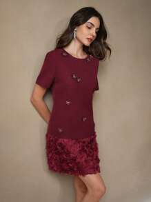 Anewsta Women's Red Round Neck Short Patchwork Rose Sequin Dress, Party Wear & New Year Eve Dress - Burgundy - View 4