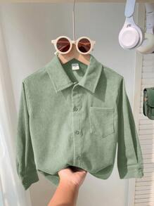 SHEIN Leap Crew 1 件装年轻男孩休闲校园风格舒适、百搭、简约实用的纽扣衬衫，适合幼儿园、返校、青少年男孩、儿童日常服装、学校服装、圣诞节服装、春秋冬季服装 - 薄荷綠 - 查看 3