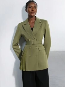 Aveloria Modichic Elegante chaqueta de blazer de manga larga para mujer, con diseño de parche de gasa de doble botonadura, cinturón y marca de nicho de alta gama, para uso cotidiano - Verde militar - Ver 4