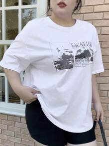 Dazy Plus Graphic Print Loose Round Neck Short Sleeve White T-Shirt, Spring/Summer - White - View 8
