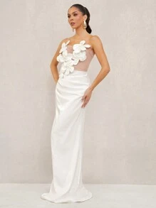 Lumalex White Summer Elegant Dining Strapless Mermaid Dress For Women,Flower Decor Richly Layered Wedding Banquet Engagement Old Money Ceremony Beach Dress - White - View 6