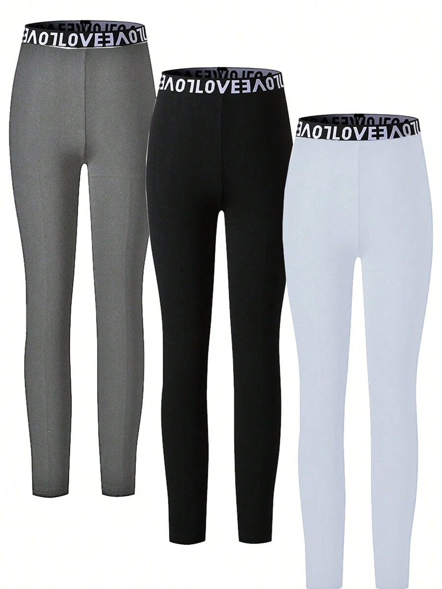 3pcs Girls' Elasticized English Text Simple Plain Long Leggings Set - Multicolor - View 1