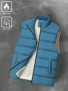 Manfinity Homme 1pc Men's Thermal Lined Zipper Vest Coat In Loose Fit - Dark Green - View 1