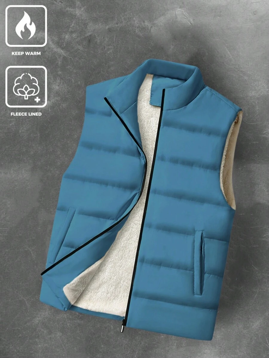 Manfinity Homme 1pc Men's Thermal Lined Zipper Vest Coat In Loose Fit - Dark Green - View 1