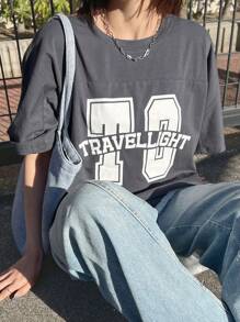 FRIFUL Women Loose Fit Round Neck Large Letter Print T-Shirt Oversized T-Shirt - Grey - View 7