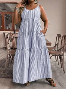 SHEIN VCAY 大码女式波西米亚风条纹圆领无袖荷叶边下摆长裙，适合夏季 - 淺藍色 - 查看 3
