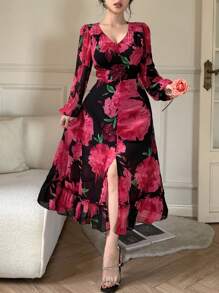 DAZY V-Neck Lantern Sleeve Slit Floral Mid-Length Women Dress Prom Dress Elegant,Ruffle,Fall Dress Long Sleeve Dress Easter Maxi Dress - Red - View 7