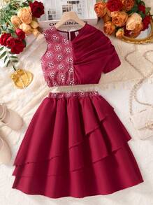 青少年女孩传统文化堆叠设计上衣 + 泡泡裙 2 件套 - 酒紅色 - 查看 2