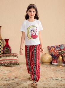 Tween Girls 斋月开斋节主题印花 T 恤和几何印花裤 2 件套 - 彩色 - 查看 1