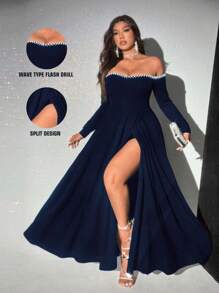 Viva Relle Vestido Elegante Longo Plus Size Feminino com Ombro Caído, Manga Longa, Barra Dividida e Decoração de Pérola Falsa - Azul Marinho - Visão 7